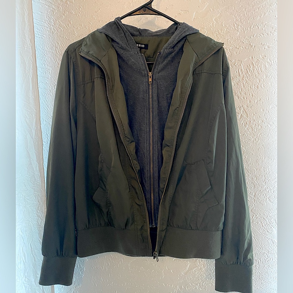 Army, green and gray bomber jacket with hoodie lining. Size:00
